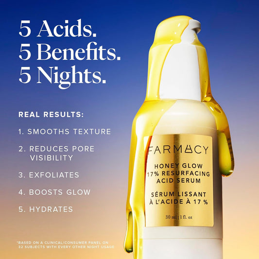 Farmacy Face Exfoliator Serum - Honey Glow 17% AHA + BHA Liquid Exfoliant & Salicylic Acid Serum - Resurfacing Skin Care for Reduced Pores + Texture - Hydrates Skin for an Overall Glow (30ml)