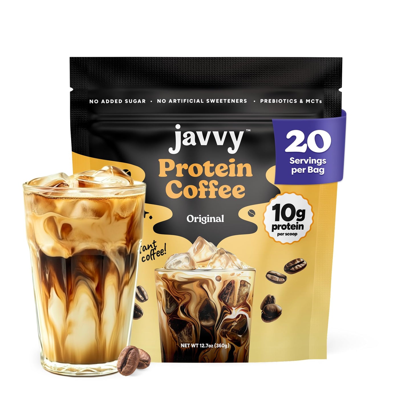 Javvy Protein Iced Coffee - Premium Whey Protein & Iced Coffees, 100% Natural Cold Brew, Zero Artificial Flavors & Sweeteners, 80mg Caffeine, No Added Sugar, 20 Servings, White Choc Mocha Discontinued