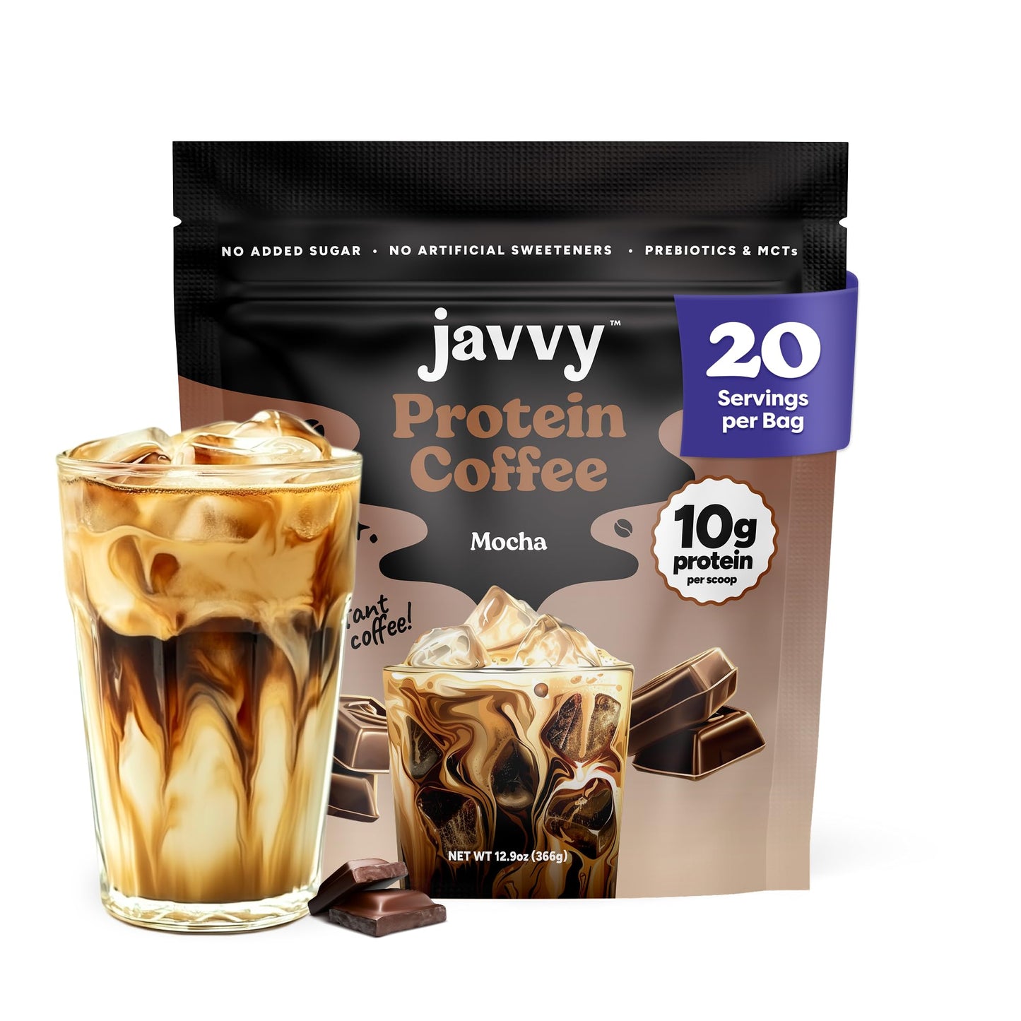 Javvy Protein Iced Coffee - Premium Whey Protein & Iced Coffees, 100% Natural Cold Brew, Zero Artificial Flavors & Sweeteners, 80mg Caffeine, No Added Sugar, 20 Servings, White Choc Mocha Discontinued