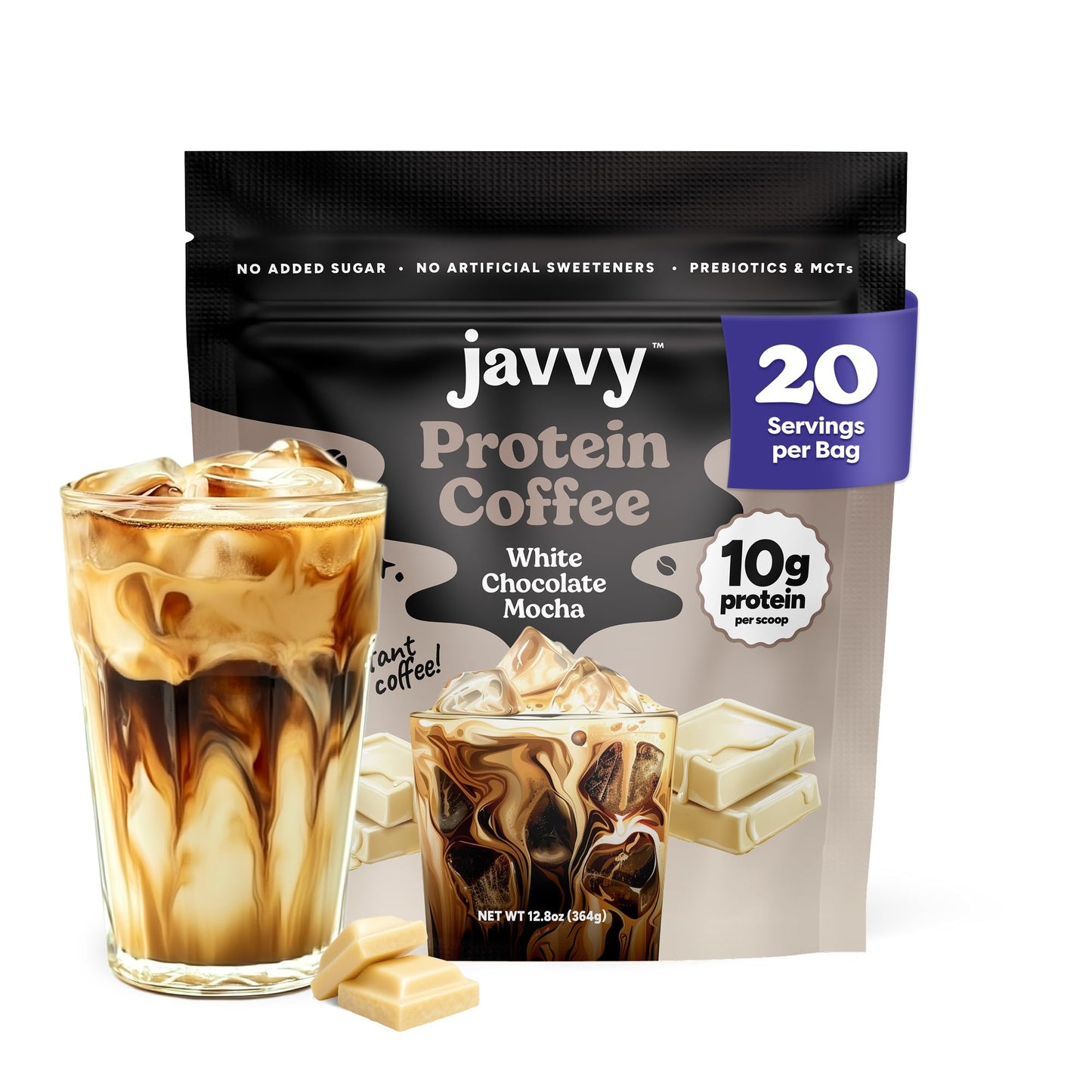 Javvy Protein Iced Coffee - Premium Whey Protein & Iced Coffees, 100% Natural Cold Brew, Zero Artificial Flavors & Sweeteners, 80mg Caffeine, No Added Sugar, 20 Servings, White Choc Mocha Discontinued