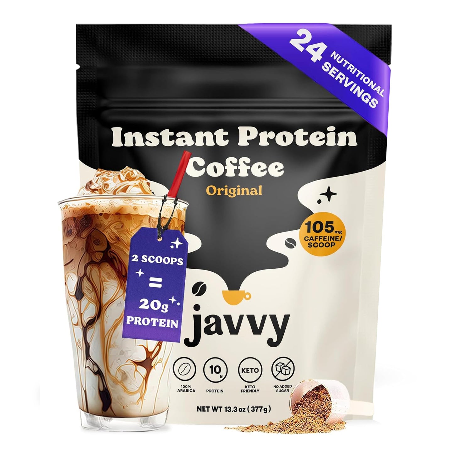 Javvy Protein Iced Coffee - Premium Whey Protein & Iced Coffees, 100% Natural Cold Brew, Zero Artificial Flavors & Sweeteners, 80mg Caffeine, No Added Sugar, 20 Servings, White Choc Mocha Discontinued