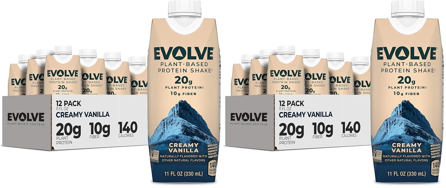 Evolve Plant Based Protein Shake,Vanilla Bean,20g Vegan Protein,Dairy Free,No Artificial Sweeteners,Non-GMO,10g Fiber,11 Fl Oz (Formula May Vary),(Pack of 24)