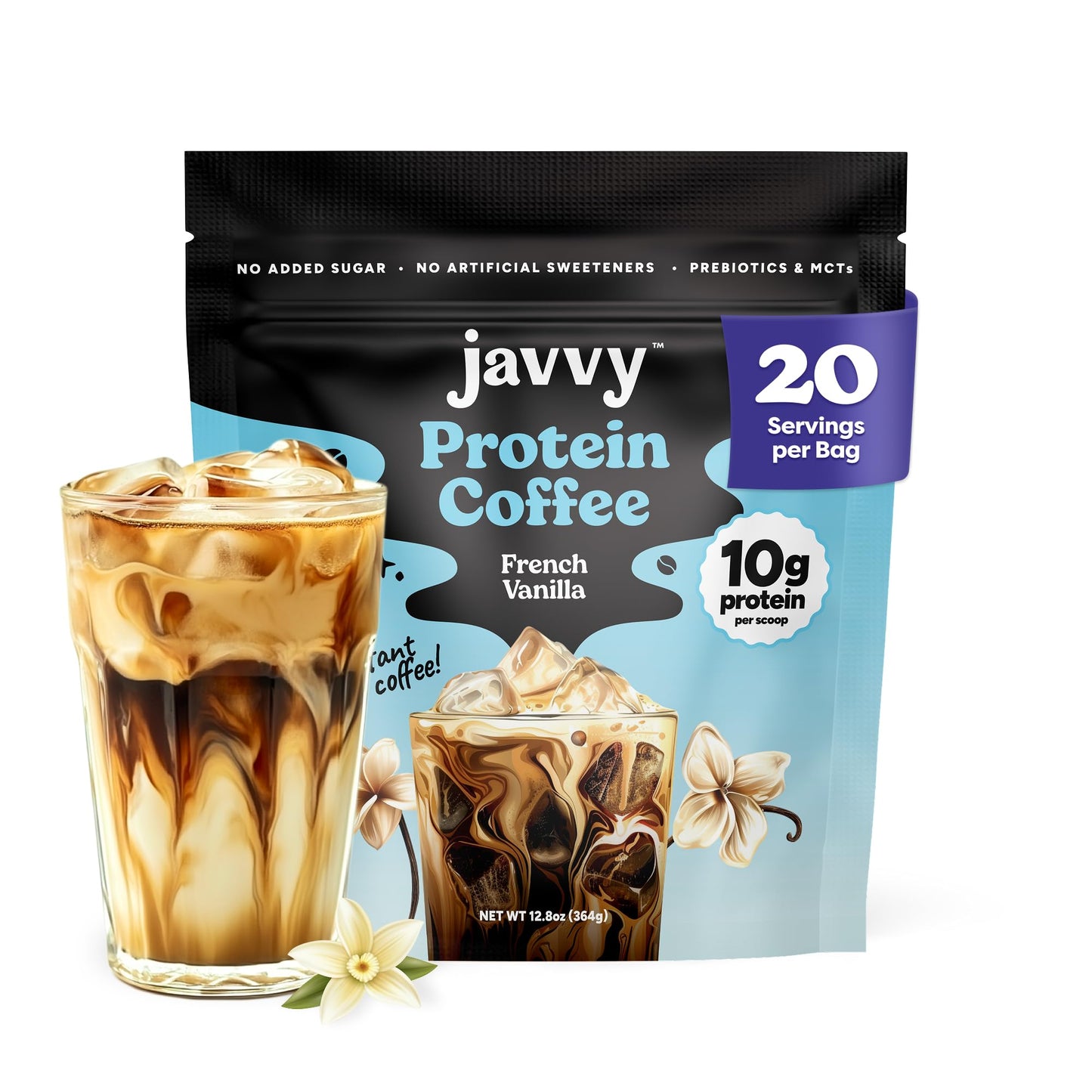 Javvy Protein Iced Coffee - Premium Whey Protein & Iced Coffees, 100% Natural Cold Brew, Zero Artificial Flavors & Sweeteners, 80mg Caffeine, No Added Sugar, 20 Servings, White Choc Mocha Discontinued
