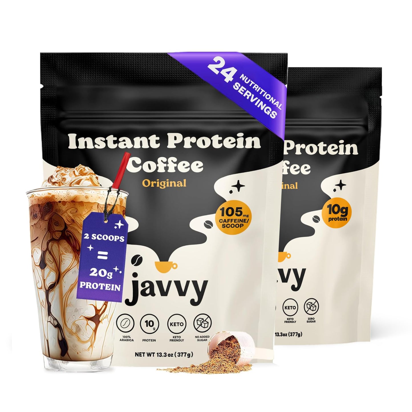 Javvy Protein Iced Coffee - Premium Whey Protein & Iced Coffees, 100% Natural Cold Brew, Zero Artificial Flavors & Sweeteners, 80mg Caffeine, No Added Sugar, 20 Servings, White Choc Mocha Discontinued
