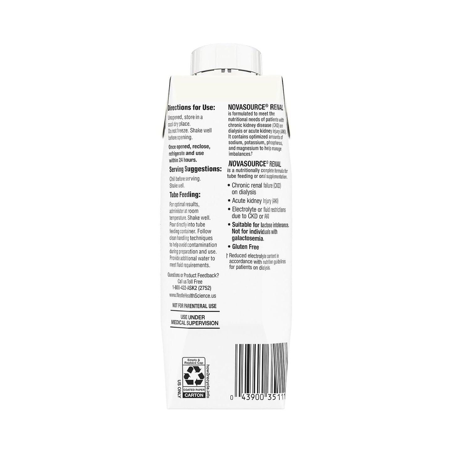 Nestle Novasource Renal Nutritionally Complete Formula Vanilla, 8 oz, 6 ct | Oral Supplement,Adult,8 oz.,Carton,Vanilla Flavor,Protein