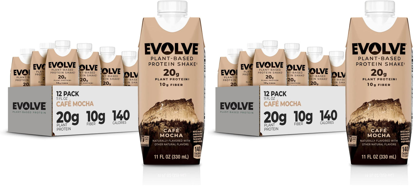 Evolve Plant Based Protein Shake,Vanilla Bean,20g Vegan Protein,Dairy Free,No Artificial Sweeteners,Non-GMO,10g Fiber,11 Fl Oz (Formula May Vary),(Pack of 24)