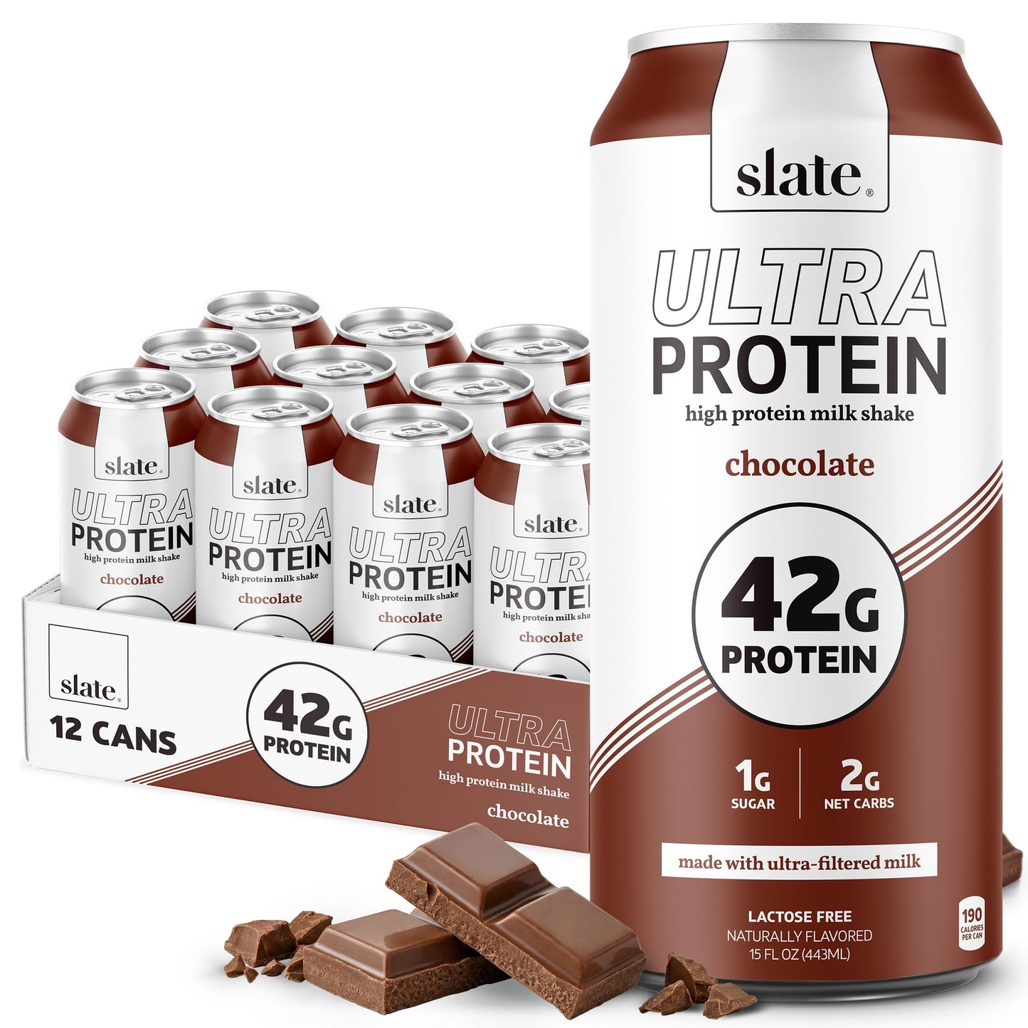 Slate Milk - Ultra Protein Shake - Vanilla - 42g Protein, 1g Sugar, 180 Calories, 1g Net Carbs - Lactose Free, No Added Sugar - Made with Ultra Filtered Milk - Breakfast Boost, Post Workout - 15 fl oz, 12 Cans