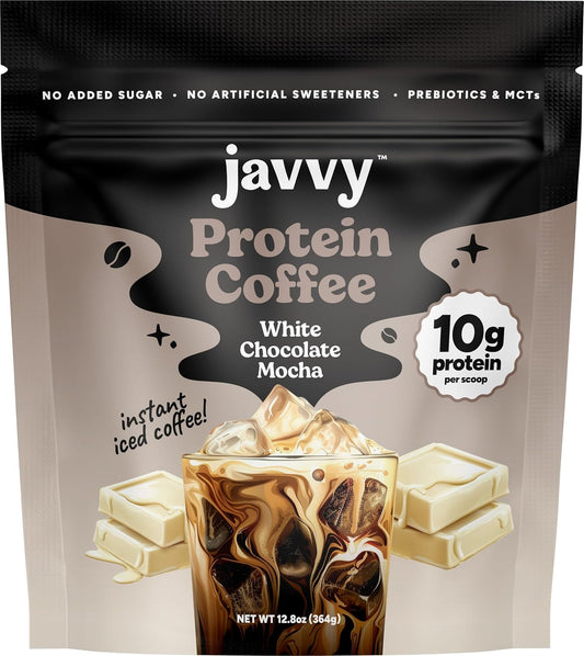 Javvy Protein Iced Coffee - Premium Whey Protein & Iced Coffees, 100% Natural Cold Brew, Zero Artificial Flavors & Sweeteners, 80mg Caffeine, No Added Sugar, 20 Servings, White Choc Mocha Discontinued