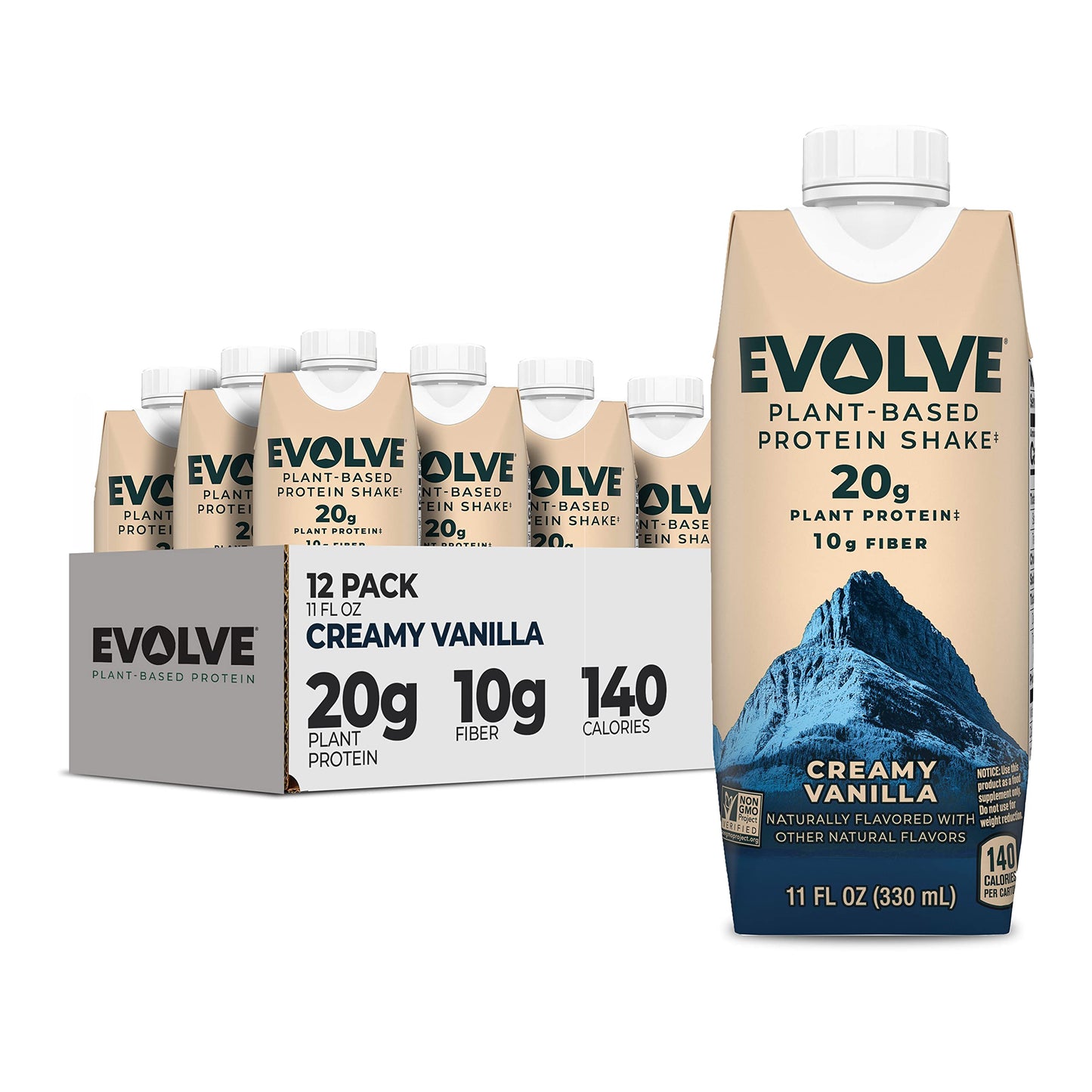 Evolve Plant Based Protein Shake,Vanilla Bean,20g Vegan Protein,Dairy Free,No Artificial Sweeteners,Non-GMO,10g Fiber,11 Fl Oz (Formula May Vary),(Pack of 24)