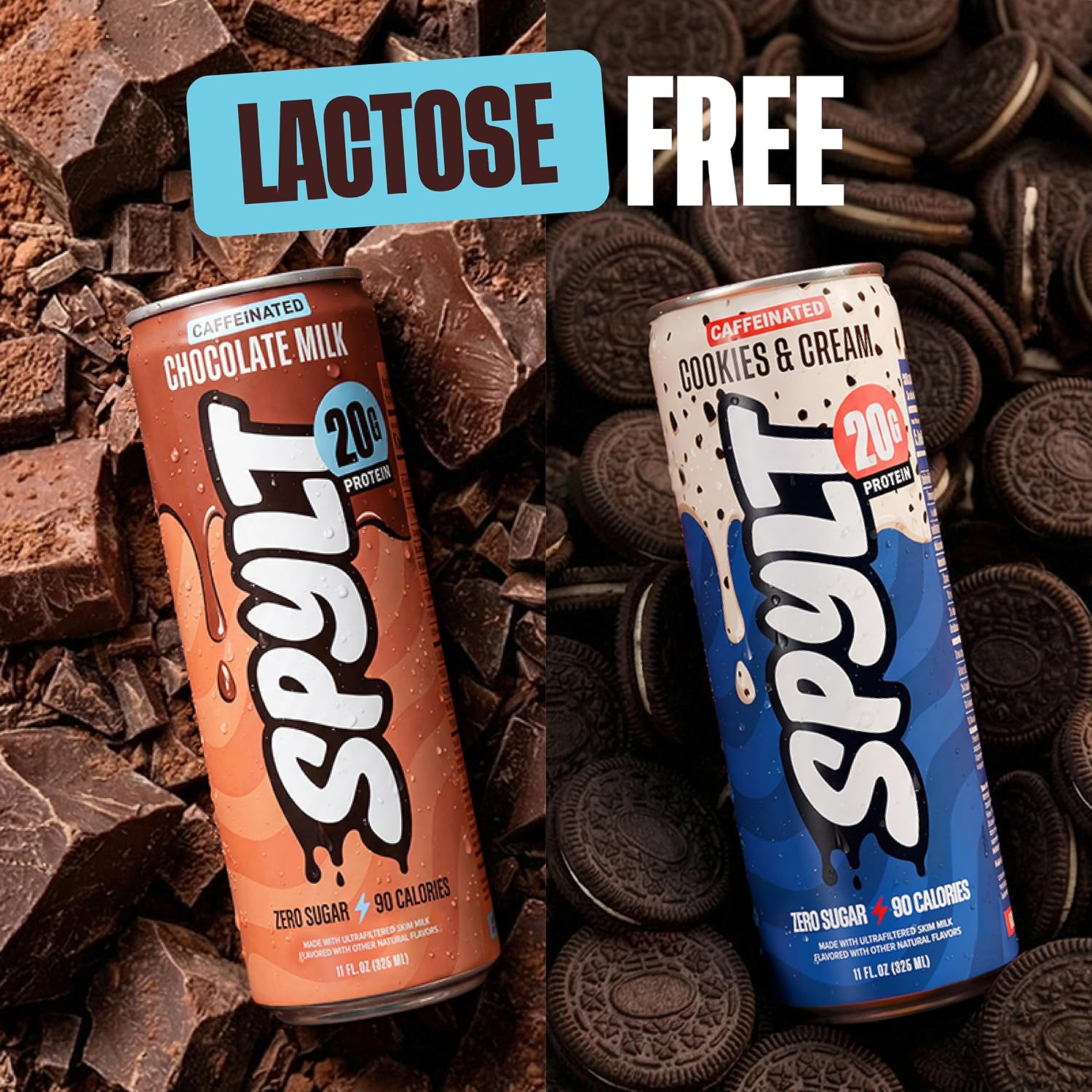 Spylt High Protein Chocolate/Cookies & Cream Milk with 60mg Caffeine & 20g Protein - 90 Calories, Ready to Drink, Sugar Free, Lactose Free Milk, Perfect for Workout Recovery & Afternoon Pick Me Up -